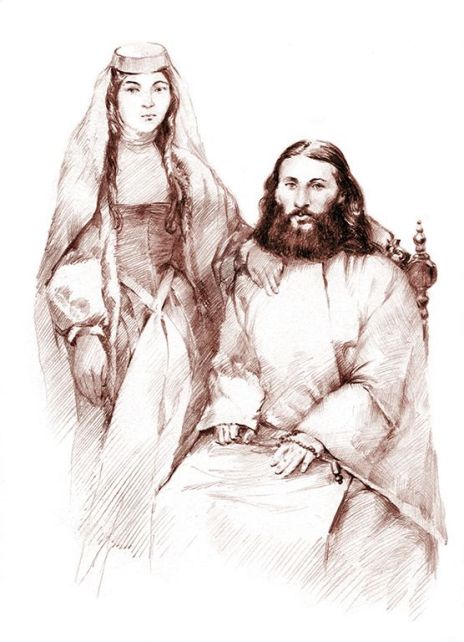მღვდელი იობ ცისკარიშვილი მეუღლესთან ერთად  (ნახატი: ილია ჭრელაშვილი)